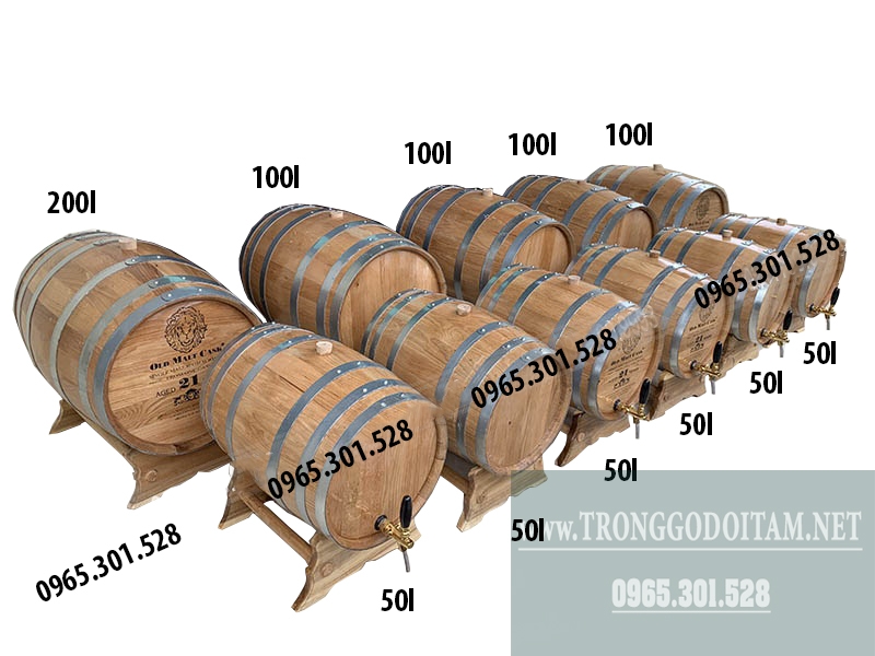 Thùng gỗ sồi đựng rượu vang được làm các dung tích: 20L - 30L - 50L - 100L - 200L - 300l tùy theo nhu cầu của khách hàng